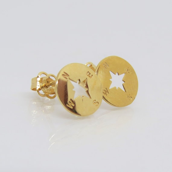 Vintage 14K Solid Yellow Gold Compass Stud Earrin… - image 3