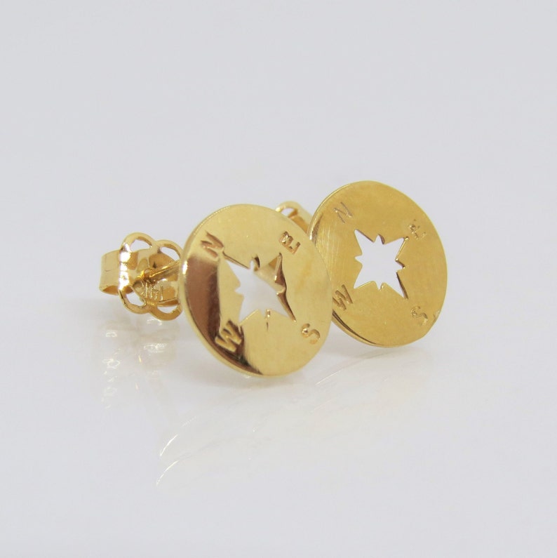 Vintage 14K Solid Yellow Gold Compass Stud Earrings image 3