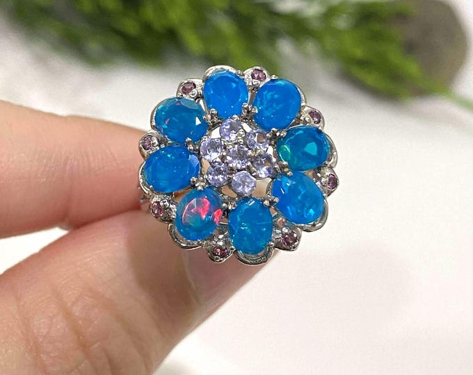 Vintage Sterling Silver Natural Blue Opal & Tanzanite, Rhodolite Flower Ring Size 7.5