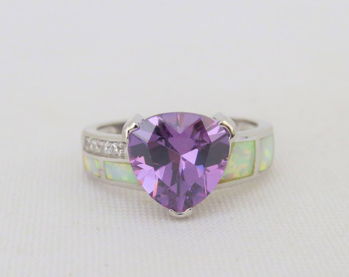 Vintage Sterling Silver Amethyst, White Opal & White Topaz Ring Size 8