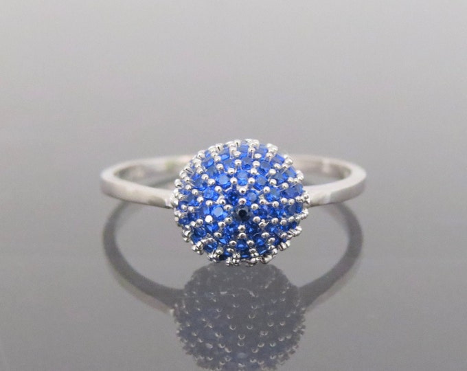 Vintage 18K Solid White Gold Blue Sapphire Ball Pave Ring Size 6