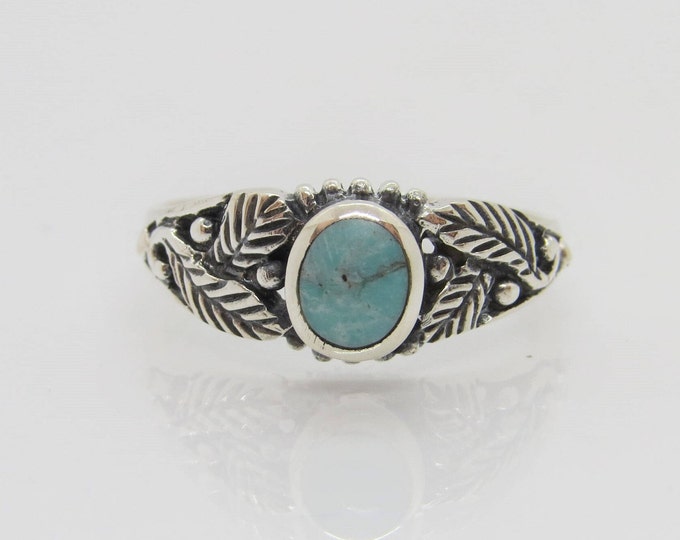 Sterling Silver Turquoise Leaf Band Ring Size 8