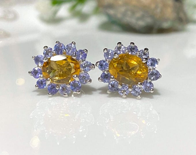 Vintage Sterling Silver Natural Oval cut Citrine & Tanzanite Earrings.