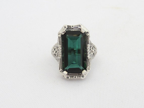 Estate Sterling Silver 925 Rainbow 3ct Mystic Blue Alexandrite Emerald Cut Filigree Vintage Style Ring Cocktail Pinky Birthstone JL88-01