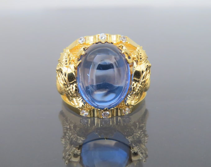Vintage 18K Solid Yellow Gold Blue Spinel, White Topaz & Ruby Dragon Ring Size 10.75
