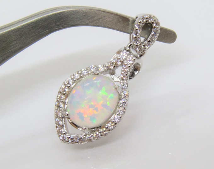 Vintage Sterling Silver Oval White Fire Opal & White Topaz Pendant