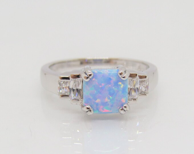 Vintage Sterling Silver Light Blue Opal & White Topaz Ring Size 8