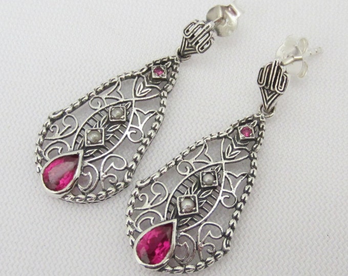 Vintage Sterling Silver Ruby & Seed Pearl Filigree Earrings