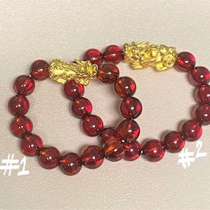 24K 999er Gold 3D Pixiu mit Roter Granat Perlenarmband 11 MM