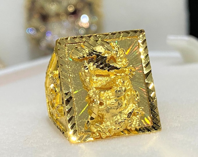 980 23K Solid Gold Dragon Rectangle Vintage Ring Size 8