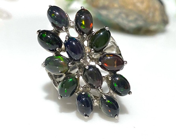 Vintage Sterling Silver Natural Oval cut Black Fire Opa Ring Size 8
