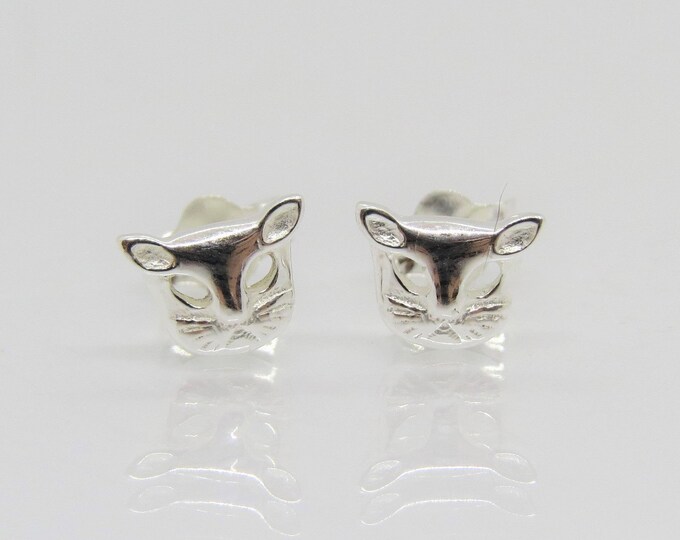 Vintage Sterling Silver Cat Face Stud Earrings