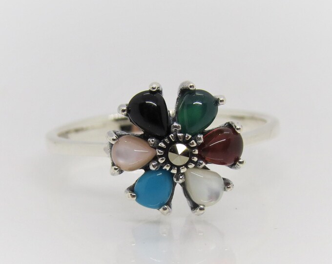 Vintage Sterling Silver Multi Color Gemstone & Marcasite Flower Ring Size 8