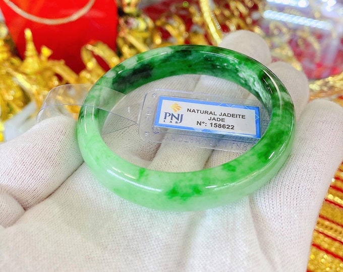 Vintage Translucent Natural Green, White Jadeite Jade Bangle Bracelet 55.3MM