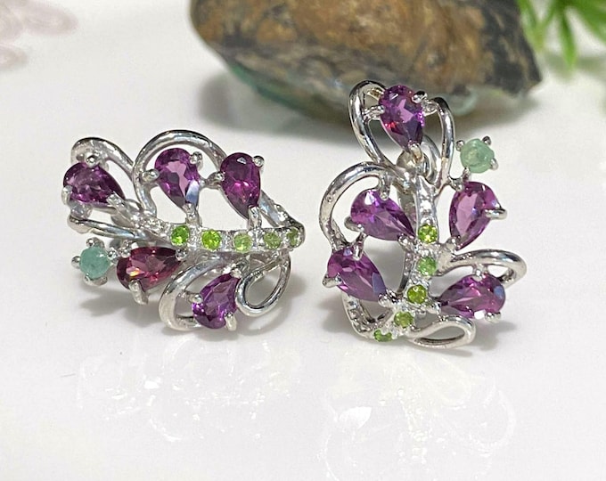 Vintage Sterling Silver Natural Rhodolite, Emerald & Peridot Leaf Earrings.
