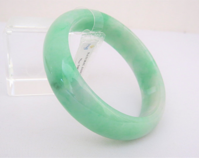 Translucent Natural Green, White Jadeite Jade Vintage Bangle Bracelet 59MM