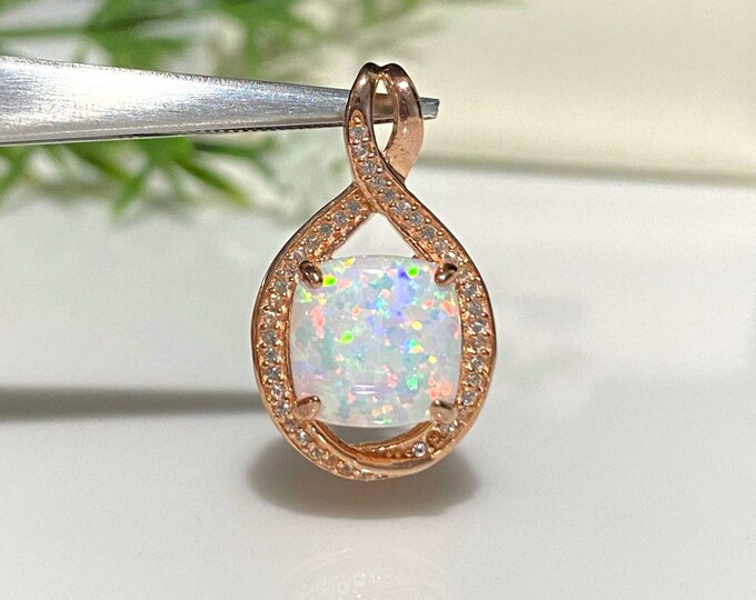 Vintage Sterling Silver Rose Gold Plated Cushion White Opal & White Topaz Pendant