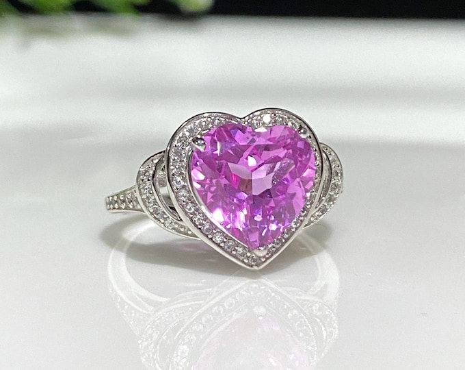 Vintage Sterling Silver Pink Sapphire & White Topaz Heart Ring Size 7