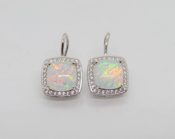 Vintage Sterling Silver Cushion Fire Opal & White Topaz Earrings