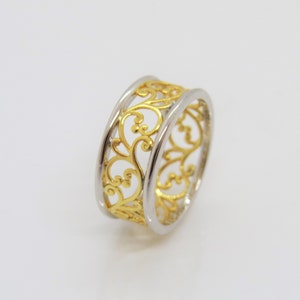 Vintage Sterling Silver Two Tone Yellow Gold Plated Filigree Band Ring Size 8