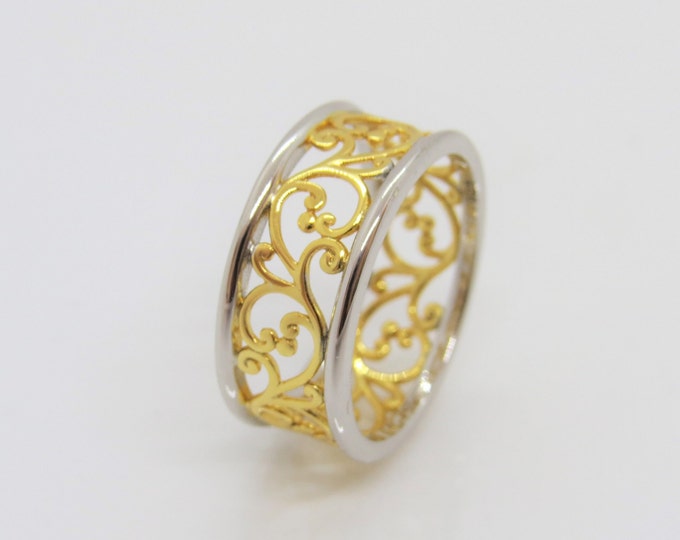 Vintage Sterling Silver Two Tone Yellow Gold Plated Filigree Band Ring Size 8