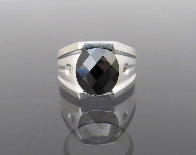 Vintage Sterling Silver Black Onyx & White Topaz Men's Ring Size 10.25