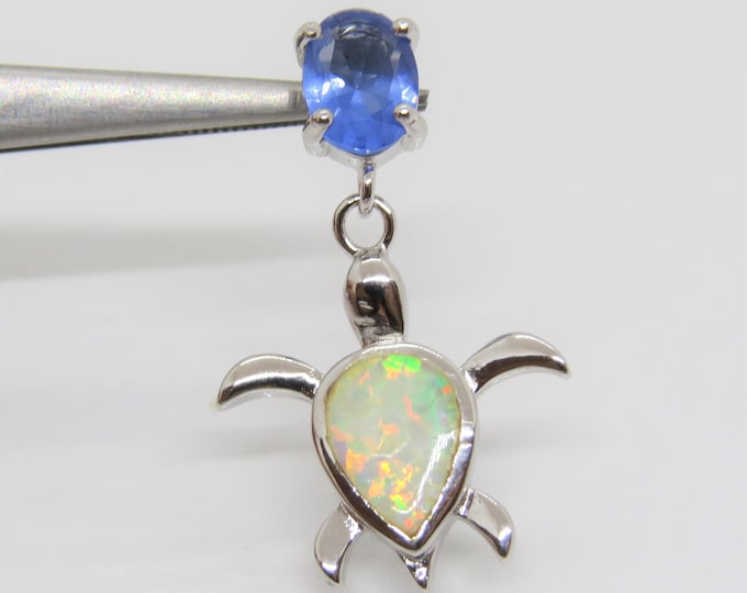 Vintage Sterling Silver Tanzanite & White Opal Turtle Pendant