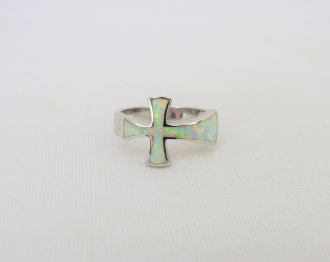 Vintage Sterling Silver White Opal Cross Band Ring Size 7