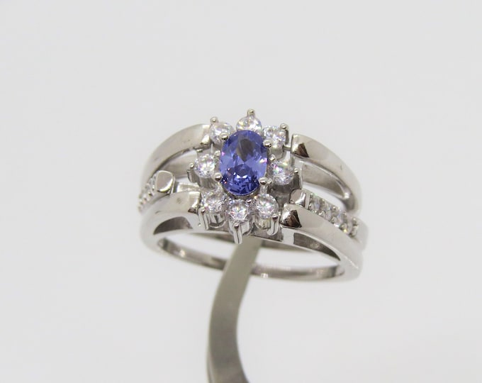 Vintage Sterling Silver Two Side Tanzanite & Rainbow Topaz Cluster Ring.