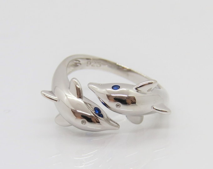 Sterling Silver Blue Sapphire on Eyes Dolphin Ring