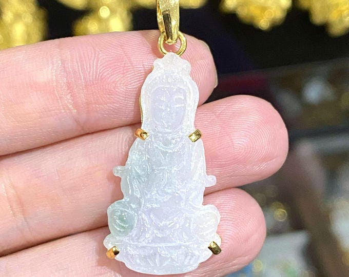 Vintage 18K Solid Gold Natural Light Green, White Jadeite Jade Kwan Yin Buddha Pendant Phat Ba Quan Am.