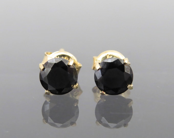 Vintage 18K Solid Yellow 3.87ct Black Sapphire Stud Earrings 10MM