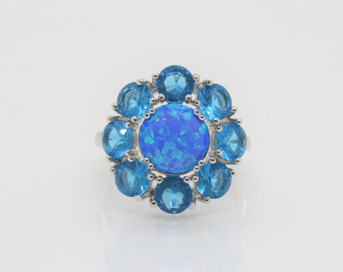 Vintage Sterling Silver Blue Opal & Blue Topaz Flower Ring Size 5