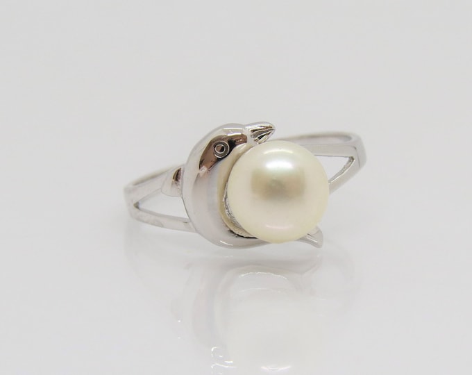 Vintage Sterling Silver Freshwater Pearl Dolphin Ring Size 7