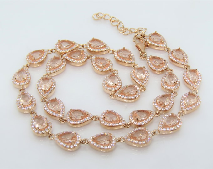 Rose Gold Plated Sterling Silver Morganite & White Topaz Link Chain Vintage Necklace 18''