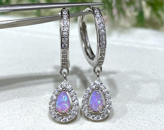 Vintage Sterling Silver Pink Opal & White Topaz Hoop Dangle Drop Earrings.