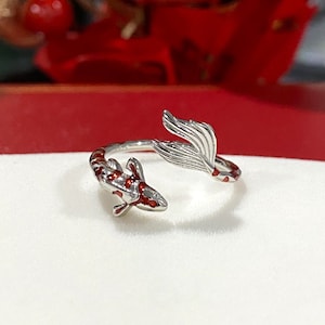 Sterling Silver Red Enamel & White Topaz Fish's Eye, Koi fish Ring.