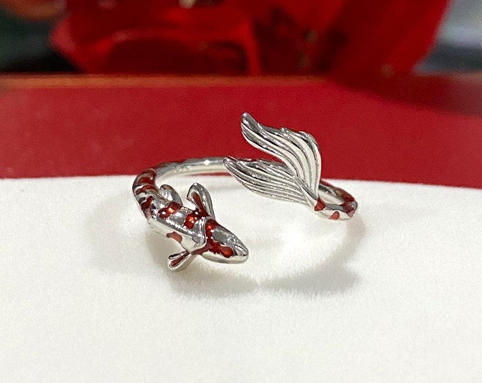 Sterling Silver Red Enamel & White Topaz Fish's Eye, Koi fish Ring.