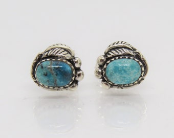 Vintage Sterling Silver Oval Turquoise Leaf Earrings