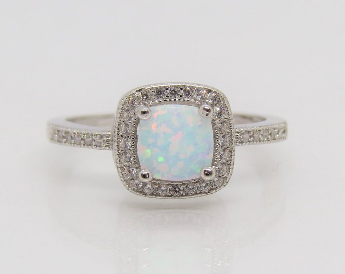 Vintage Sterling Silver Fire Opal & White Topaz Halo Ring Size 7