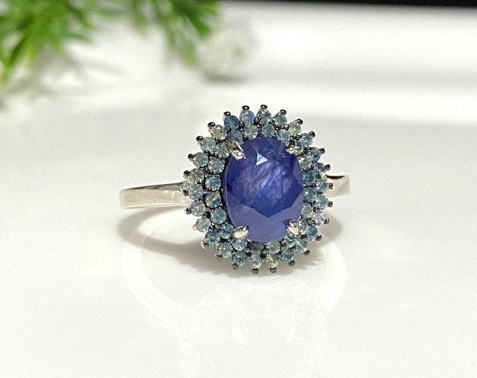 Vintage Sterling Silver Natural Blue Sapphire & Aquamarine Ring Size 8