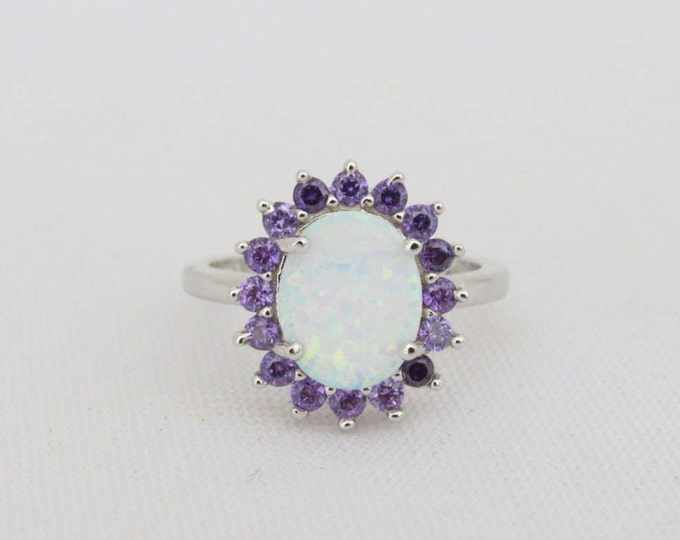 Vintage Sterling Silver White Opal & Amethyst Halo Ring Size 4