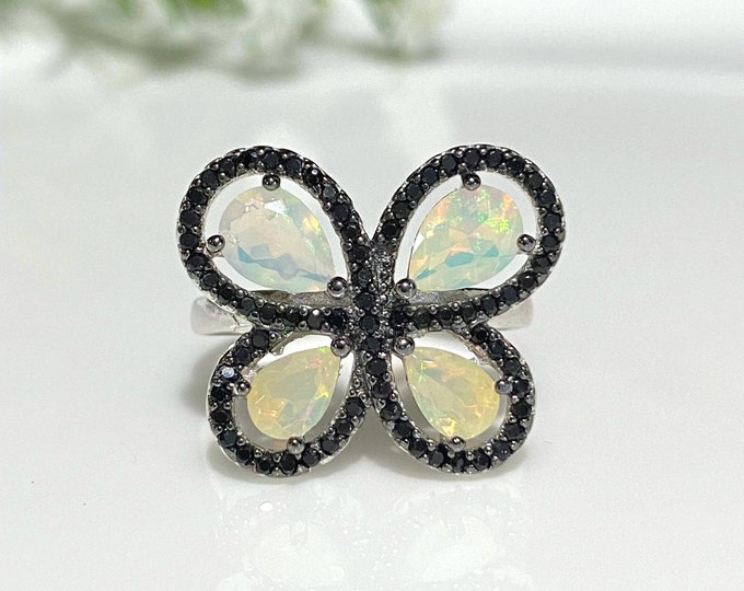 Vintage Sterling Silver Natural White Opal & Black Sapphire Butterfly Ring Size 8