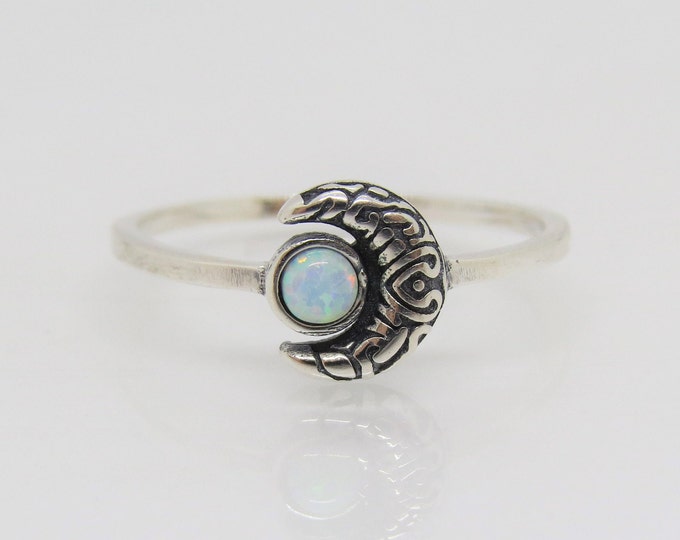 Sterling Silver White Opal Crescent Moon Ring Size 8