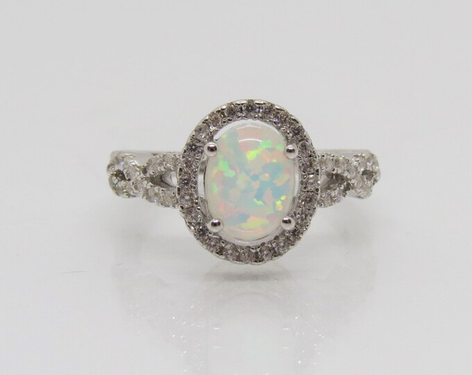 Vintage Sterling Silver White Opal & White Topaz Twisted Ring Size 7