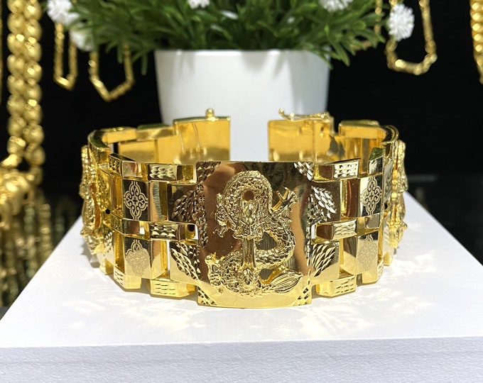 15K 610 Yellow Gold Diamond cut Dragon Link Vintage Bracelet 8''