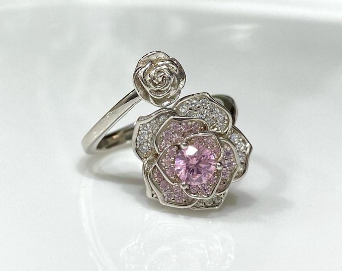 Vintage Sterling Silver Pink Sapphire & White Topaz Rose Flower Ring Size 6.5