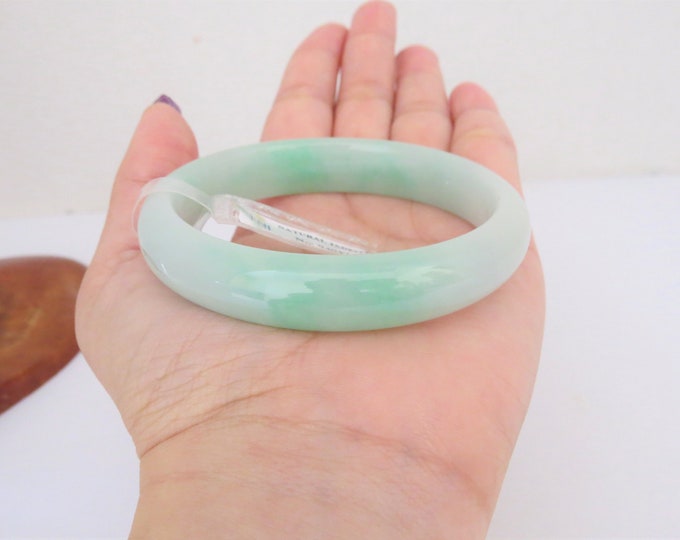 Translucent Natural Green, White Jadeite Jade Vintage Bangle Bracelet 58.3MM
