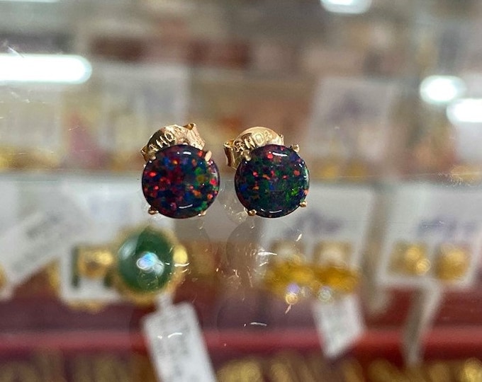 Vintage 18K Solid Yellow Gold 2.56ct Round cut Black Opal Stud Earrings