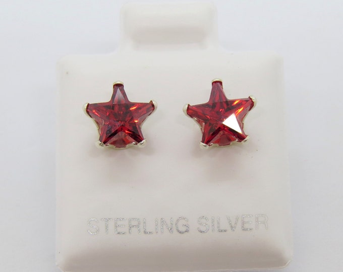 Vintage Sterling Silver Star cut Orange Garnet Stud Earrings 7MM